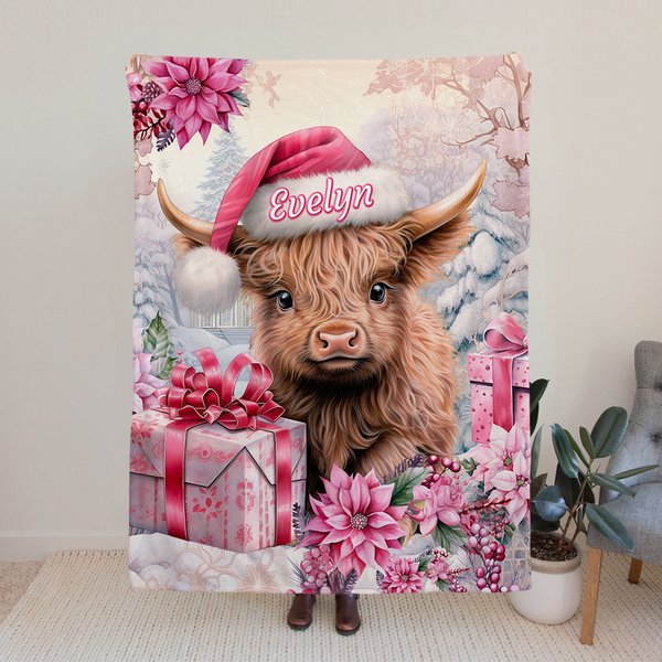 Personalised Pink Floral Highland Cow Blanket with Name Christmas Gift for Highland Cow Lover