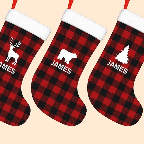 Personalizzato Buffalo Plaid Calza di Natale con nome Orso Alce Cervo Albero Antler Regalo di Natale per bambini Famiglia