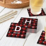Sous-verre personnalisé Buffalo Plaid Snowflakes avec initiale et nom Lot de 2 Cadeau de pendaison de crémaillère pour la famille