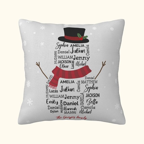Personalizzato multicolore simpatico pupazzo di neve che ripete il nome, cuscino di copertura regalo di Natale per la famiglia