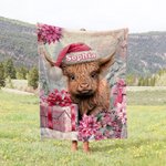 Personalisierte Rosa Floral Highland Kuh Decke mit Namen Weihnachtsgeschenk für Highland Kuh Liebhaber