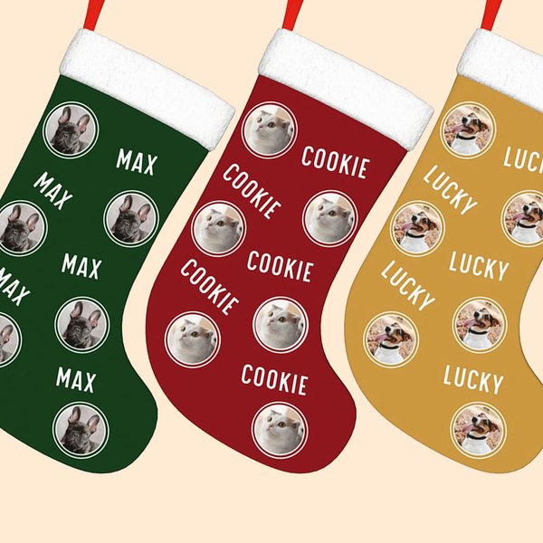 Personalizzato Lovely Pet Foto rotonda Calza di Natale con nome Borsa regalo Decorazione albero di Natale per l'amico amante degli animali domestici