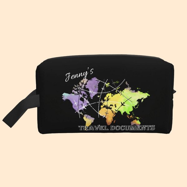 Portadocumentos de viaje cuadrado de gran capacidad personalizado con cremallera y nombre Regalo para ella