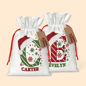 Personalised Christmas Initial Drawstring Gift Bag with Name and Hang Tag Christmas Gift for Family Kids