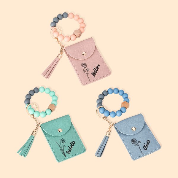 Braccialetto Portafoglio Portachiavi personalizzato con perline, nappe e portacarte Regalo di compleanno per la festa della mamma per lei