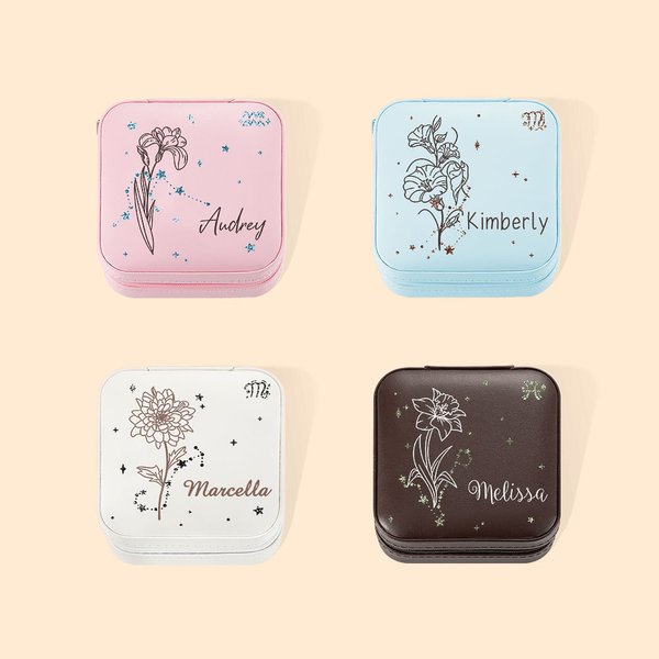 Personalizado Zodiaco Nacimiento Flor Joyero Estuche Portátil con Nombre Cumpleaños Regalo de Navidad para Mujeres Niñas