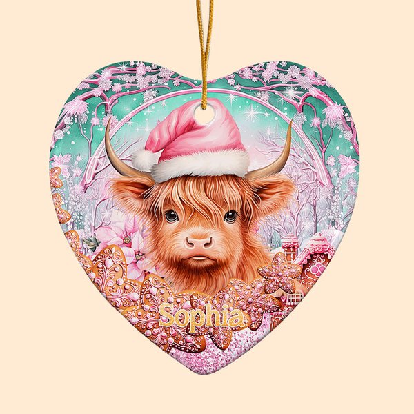 Gepersonaliseerd Kerstmuts Highland Koe Keramisch Hart Ornament Peperkoek Hangend Ornament Roze Kerstcadeau voor Familie Vriend Highland Koe Liefhebbe