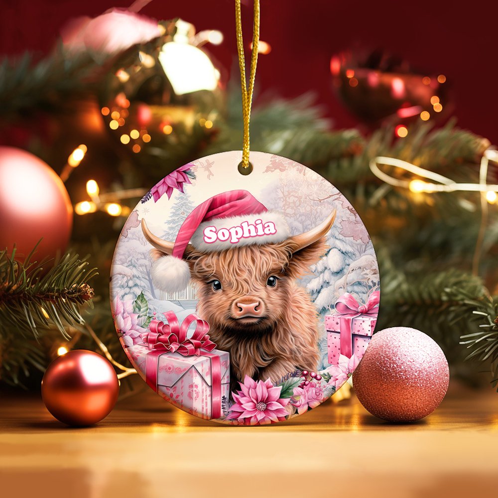 Personlig rosa blommig Highland Cow keramisk prydnad med namn hängande dekoration julklapp för familj Highland Cow älskare 3