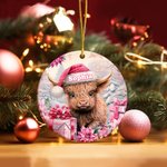 Personlig rosa blommig Highland Cow keramisk prydnad med namn hängande dekoration julklapp för familj Highland Cow älskare 3