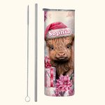 Personalisierte Rosa Floral Highland Cow 20oz Skinny Becher mit Namen Weihnachtsgeschenk für Frauen Mädchen Highland Cow Lover