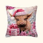 Personalized Pink Floral Highland Cow Throw Pillow Cover Home Decor with Name Christmas Gift for Women Girls Highland Cow Lover