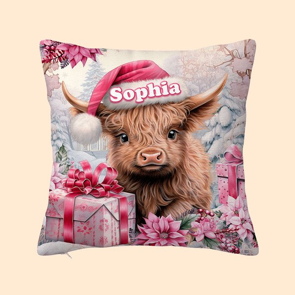 Personalisierte rosa Floral Hochland Kuh werfen Kissen Abdeckung Home Decor mit Namen Weihnachtsgeschenk für Frauen Mädchen Hochland Kuh Liebhaber