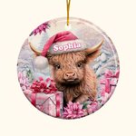 Personlig rosa blommig Highland Cow keramisk prydnad med namn hängande dekoration julklapp för familj Highland Cow älskare 1