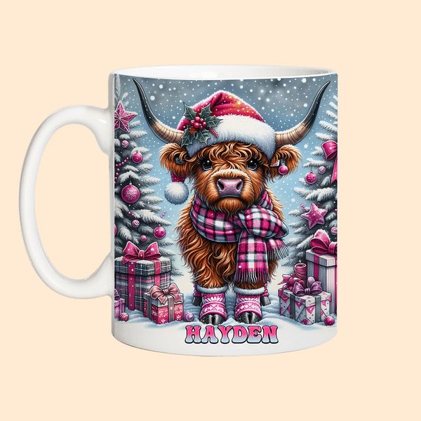 Personalized Cartoon Christmas Highland Cow Mug with Name 11oz 15oz Christmas Gift for Cow Lover