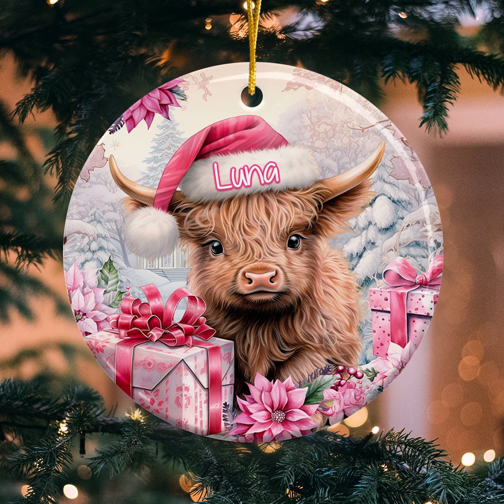 Personlig rosa blommig Highland Cow keramisk prydnad med namn hängande dekoration julklapp för familj Highland Cow älskare 4