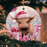 Personlig rosa blommig Highland Cow keramisk prydnad med namn hängande dekoration julklapp för familj Highland Cow älskare 4