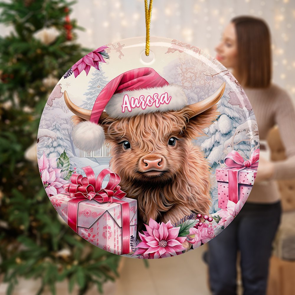 Personlig rosa blommig Highland Cow keramisk prydnad med namn hängande dekoration julklapp för familj Highland Cow älskare 5
