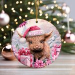 Personlig rosa blommig Highland Cow keramisk prydnad med namn hängande dekoration julklapp för familj Highland Cow älskare 7