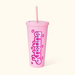 Gepersonaliseerde herbruikbare roze pop geïnspireerde 24oz Tumbler met deksel riet Holografische sticker naam beker verjaardagscadeau voor haar