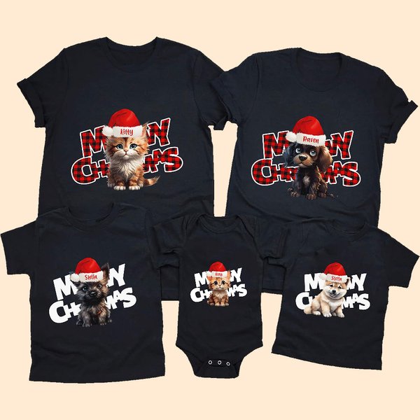 Gepersonaliseerd Meowy Kerst T-shirt Baby Onesie Kerstmuts Ouder-kinderen Familiekostuum Kerst Vakantie Cadeau voor Kind Nieuwe Ouder Huisdier Liefhebber