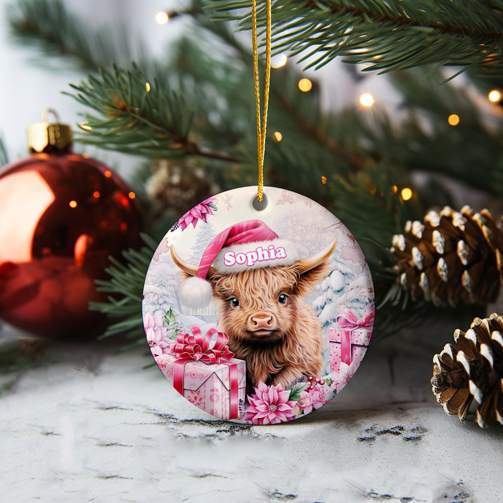 Personlig rosa blommig Highland Cow keramisk prydnad med namn hängande dekoration julklapp för familj Highland Cow älskare 6