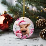 Personlig rosa blommig Highland Cow keramisk prydnad med namn hängande dekoration julklapp för familj Highland Cow älskare 6