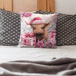 Personalized Pink Floral Highland Cow Throw Pillow Cover Home Decor with Name Christmas Gift for Women Girls Highland Cow Lover