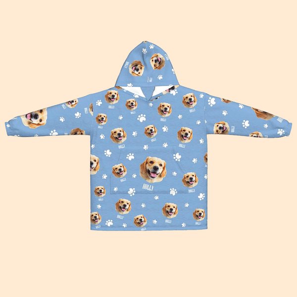 Personalised Multi-colour Pet Photo Blanket Hoodie with Paw Bone Print and Name Birthday Christmas Memorial Gift for Pet Lover