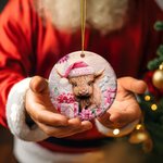 Personlig rosa blommig Highland Cow keramisk prydnad med namn hängande dekoration julklapp för familj Highland Cow älskare 2