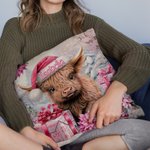 Personalized Pink Floral Highland Cow Throw Pillow Cover Home Decor with Name Christmas Gift for Women Girls Highland Cow Lover