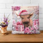 Personalized Pink Floral Highland Cow Throw Pillow Cover Home Decor with Name Christmas Gift for Women Girls Highland Cow Lover