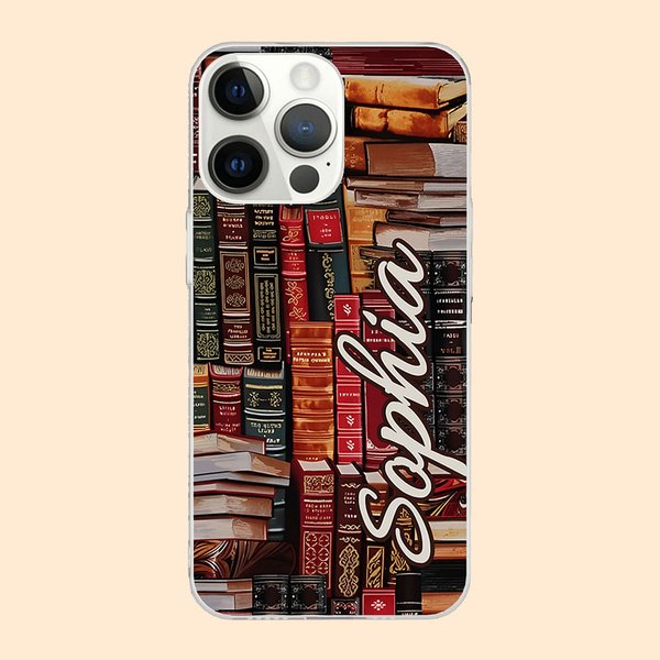 Personalisierte Bibliothek Buch Retro Design Handyhülle mit Namen Weihnachtsgeschenk zurück zu Schule Geschenk für Buchliebhaber