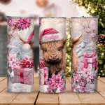 Personalisierte Rosa Floral Highland Cow 20oz Skinny Becher mit Namen Weihnachtsgeschenk für Frauen Mädchen Highland Cow Lover