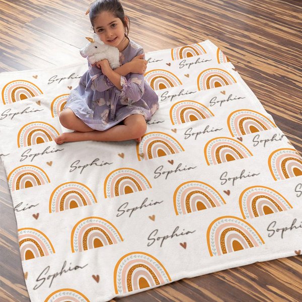 Personalized Boho Rainbow Baby Blanket with Name Soft and Warm Newborn Party Birthday Gift for Kids New Mom