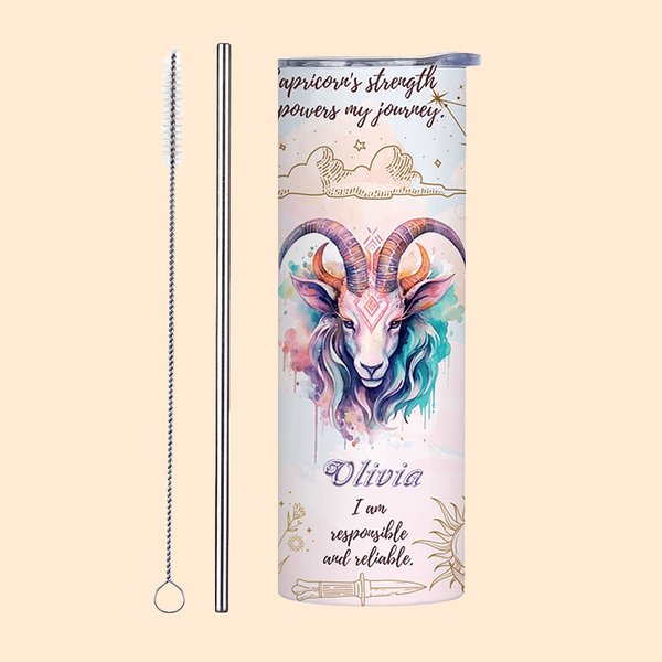 Henkilökohtainen Zodiac 20oz Skinny nimi Tumbler Constellation Affirmation kahvikuppi olki Syntymäpäivä Vuosipäivä Astrologia lahja perheelle ystävä