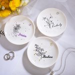 Plat à Bijoux en Céramique Personnalisé avec Nom Fleur de Naissance Zodiaque Cadeau d'Anniversaire Mariage pour Femmes et Filles