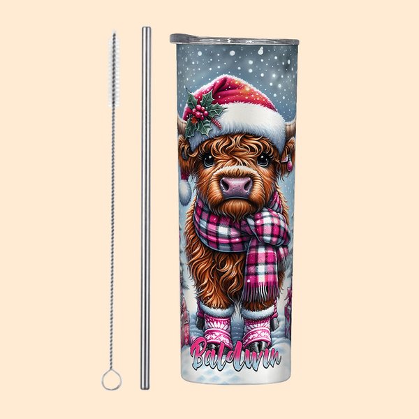 Cappello di Babbo Natale personalizzato Baby Highland Cow 20oz Skinny Tumbler con coperchio e cannuccia Regalo di Natale per gli amanti delle mucche