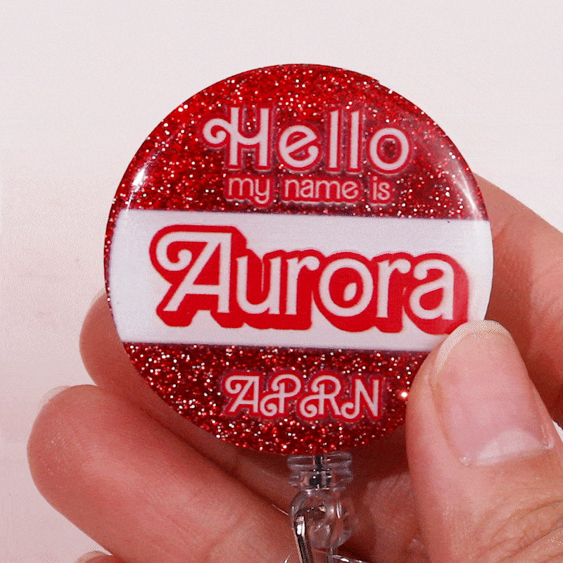 Personalised Hello My Name Is Acrylic Badge Reel Sweets Style Glitter ID Card Retractable Badge Clip Gift for Teacher Nurse Pink Doll Fans