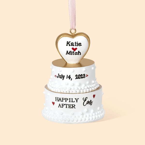 Personalised Happily Ever After Wedding Cake Resin 3D Ornament with Engraved Names and Date Newlywed Anniversary Gift for Bride and Groom