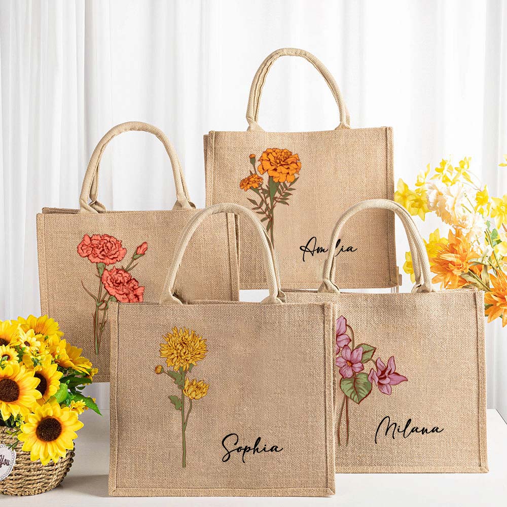 Personalised Birth Flower Large Beach Jute Tote Bag with Name Mother's Day Birthday Wedding Party Gift for Women