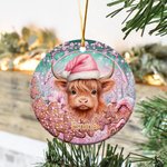 Gepersonaliseerde roze kerstmuts Highland koe keramische ornament peperkoek decoratie kerstcadeau voor familie vriend Highland koe liefhebber