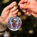 Gepersonaliseerd Roze Schattig Hoogland Koe Kerst Keramisch Ornament met Naam Boom Decor Kerstcadeau voor Familie Kinderen
