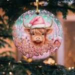 Gepersonaliseerde roze kerstmuts Highland koe keramische ornament peperkoek decoratie kerstcadeau voor familie vriend Highland koe liefhebber