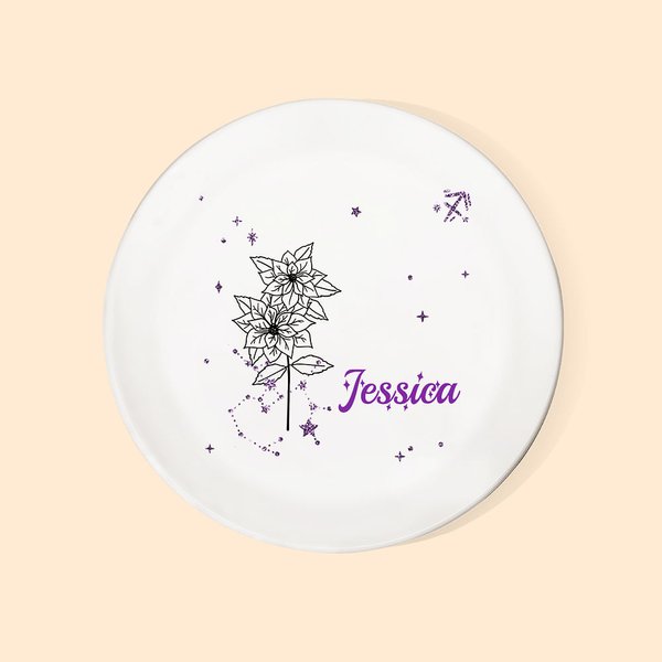 Gepersonaliseerde Zodiac Geboortebloem Keramische Sieraden Schotel met Naam Verjaardag Bruidsmeisje Gift voor Vrouwen Meisjes