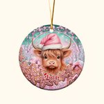 Gepersonaliseerde roze kerstmuts Highland koe keramische ornament peperkoek decoratie kerstcadeau voor familie vriend Highland koe liefhebber