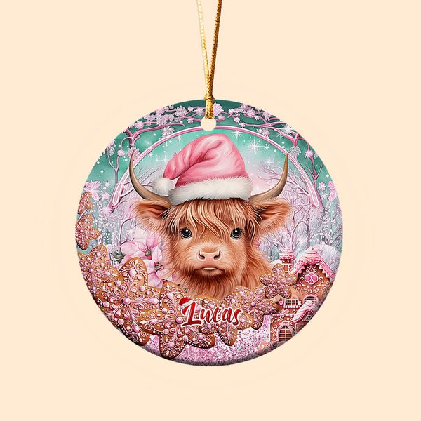 Gepersonaliseerde roze kerstmuts Highland koe keramische ornament peperkoek decoratie kerstcadeau voor familie vriend Highland koe liefhebber