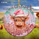Gepersonaliseerde roze kerstmuts Highland koe keramische ornament peperkoek decoratie kerstcadeau voor familie vriend Highland koe liefhebber