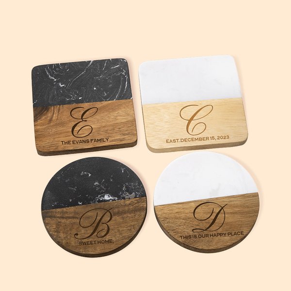 Sous-verre en bois gravé avec initiales Cadeau de pendaison de crémaillère Cadeau de mariage pour la famille Couples