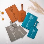 Nacimiento Personalizado Flor de cuero Funda de pasaporte Etiqueta de equipaje Set con nombre de viaje Regalo de cumpleaños esencial para las mujeres