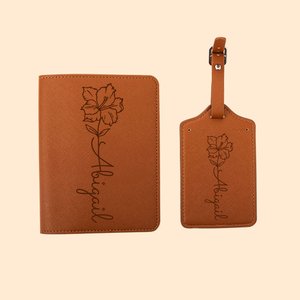Nacimiento Personalizado Flor de cuero Funda de pasaporte Etiqueta de equipaje Set con nombre de viaje Regalo de cumpleaños esencial para las mujeres